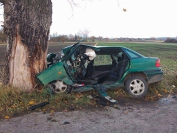 Czołówka Opla z drzewem w powiecie Radomskim